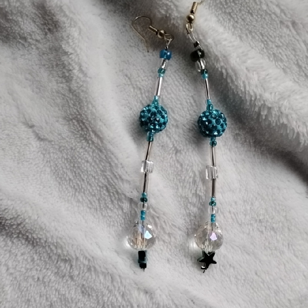 Hand Crafted Teal and Silver Star Earrings